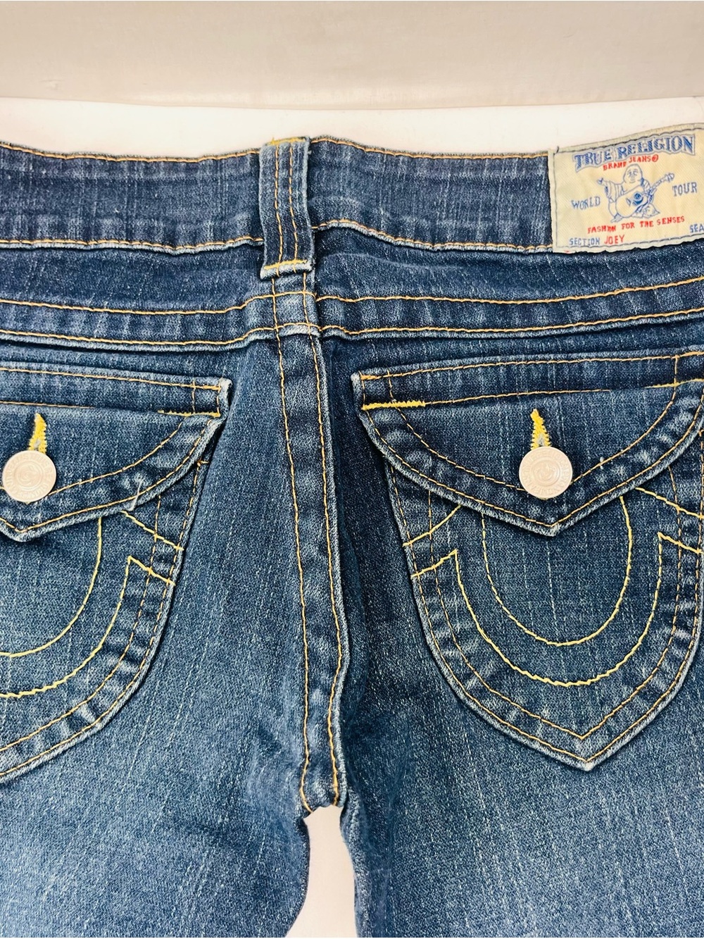 True Religion Women's Blue Bootcut Jeans with Yellow Stitching